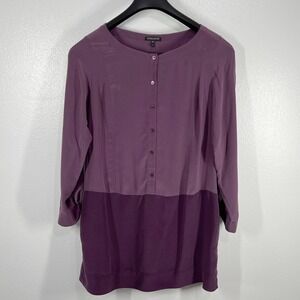 Eileen Fisher Silk Crepe De Chine Button Front Dress Purple Color Block PL Large